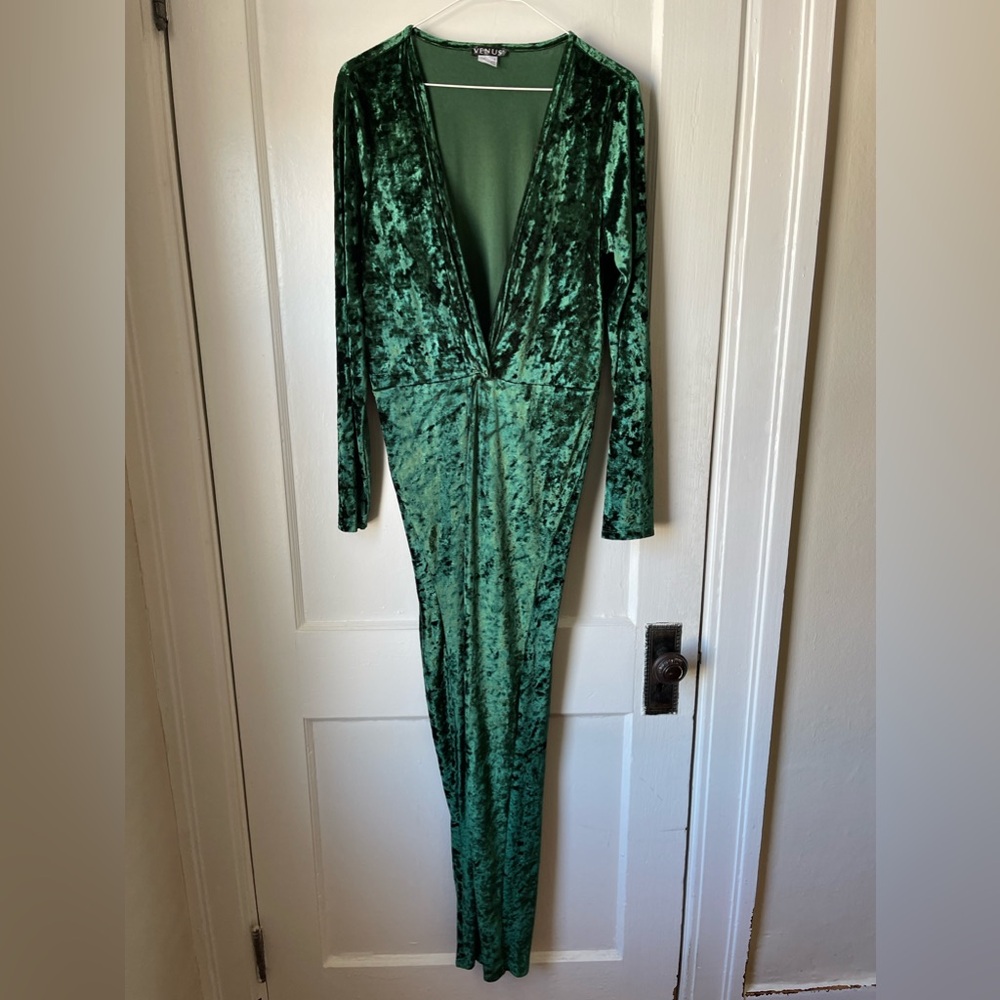 Venus Crushed Velvet forest green deep V jumpsuit, size med, thin elastic waist